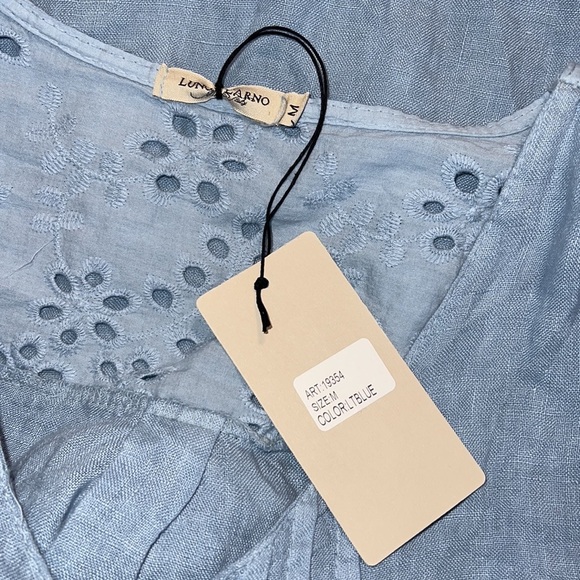 Lungo L'Arno medium 100% linen blue scoop neck button down 3/4 Roll Tab Sleeve - Picture 10 of 12